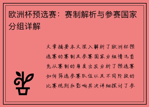 欧洲杯预选赛：赛制解析与参赛国家分组详解